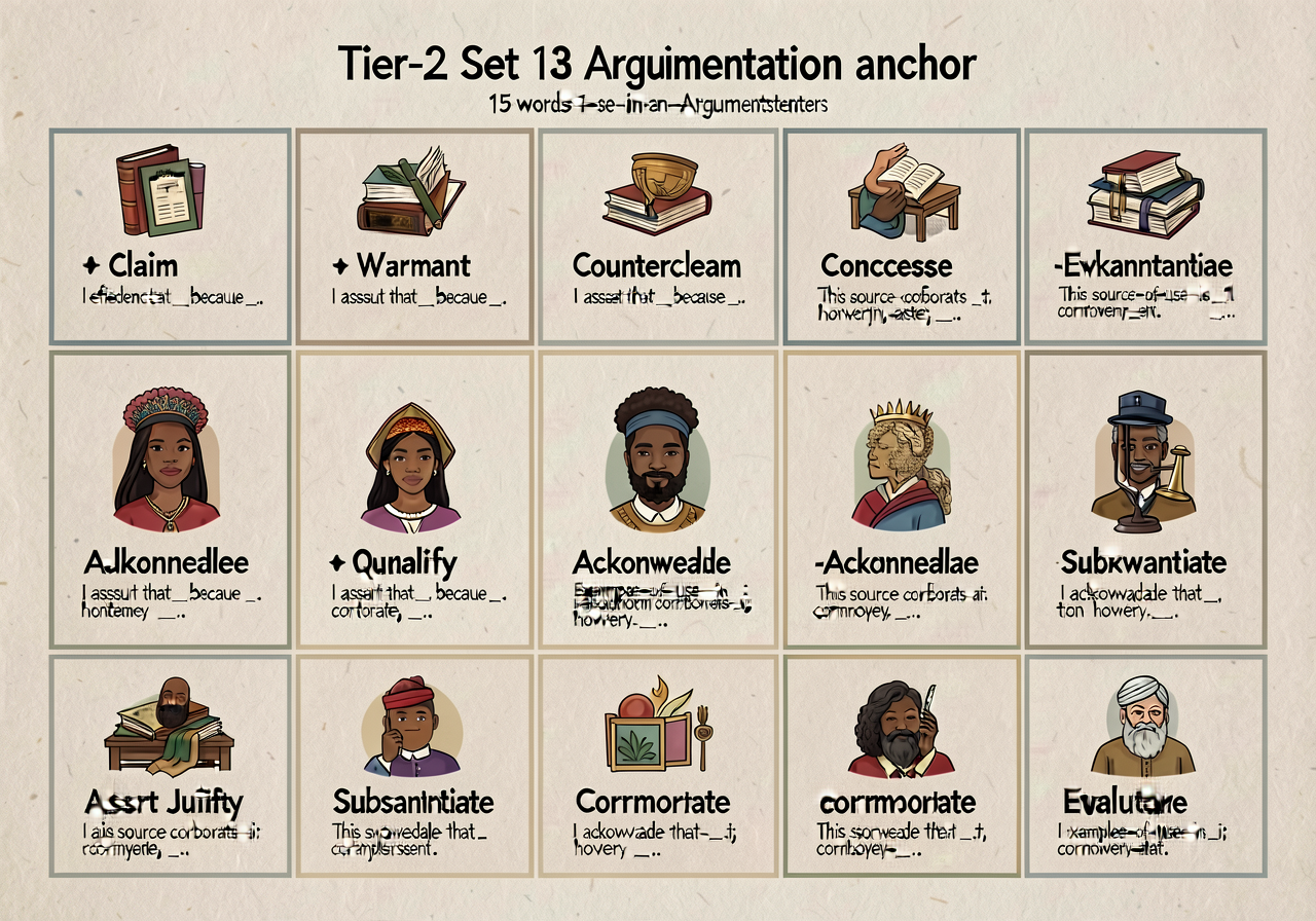 Tier-2 Set 13 argumentation anchor: 15-word grid showing claim, evidence, warrant, counterclaim, concede, refute, qualif