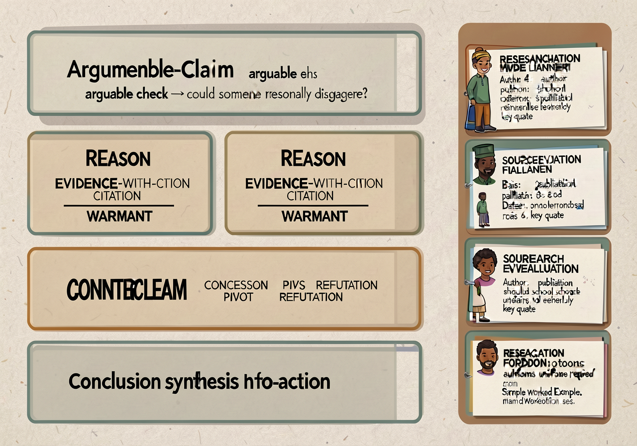 Argument-essay MPO planner: top row = arguable-claim box (with 'arguable check' — could someone reasonably disagree?); s