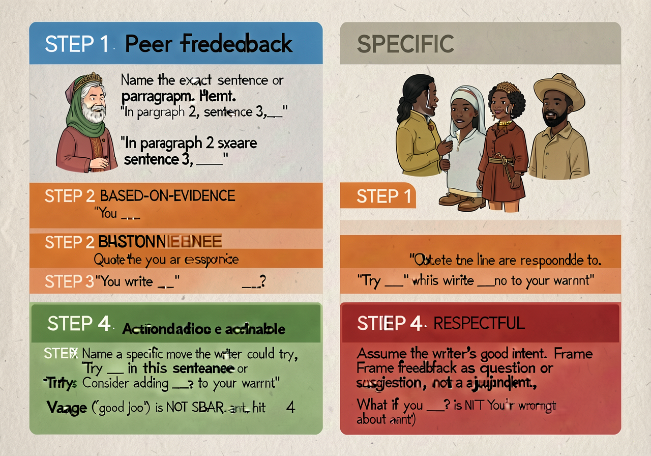 SBAR peer-feedback protocol card: 4-step card. STEP 1 (blue) — SPECIFIC: 'Name the exact sentence or paragraph. "In para