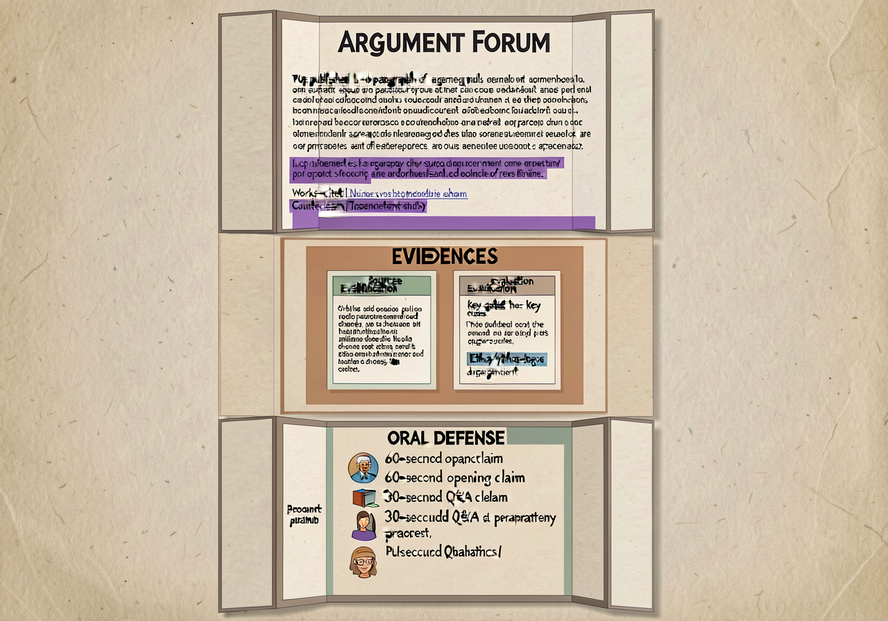 Argument Forum publication planning poster: 3-section card showing layout — TOP: published 5-6 paragraph argument essay 