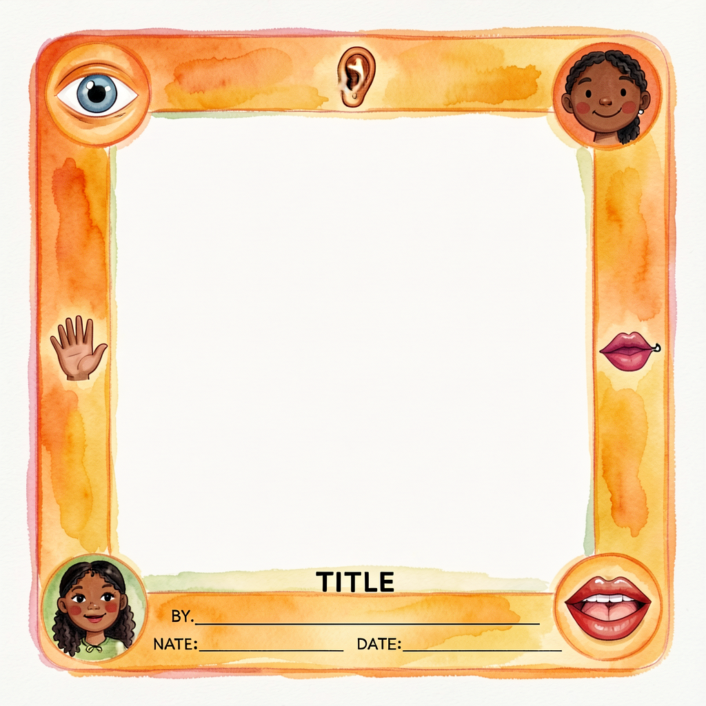 Half-page illustrated frame template — a rectangular border decorated with sensory icons (eye, ear, hand, nose, mouth in
