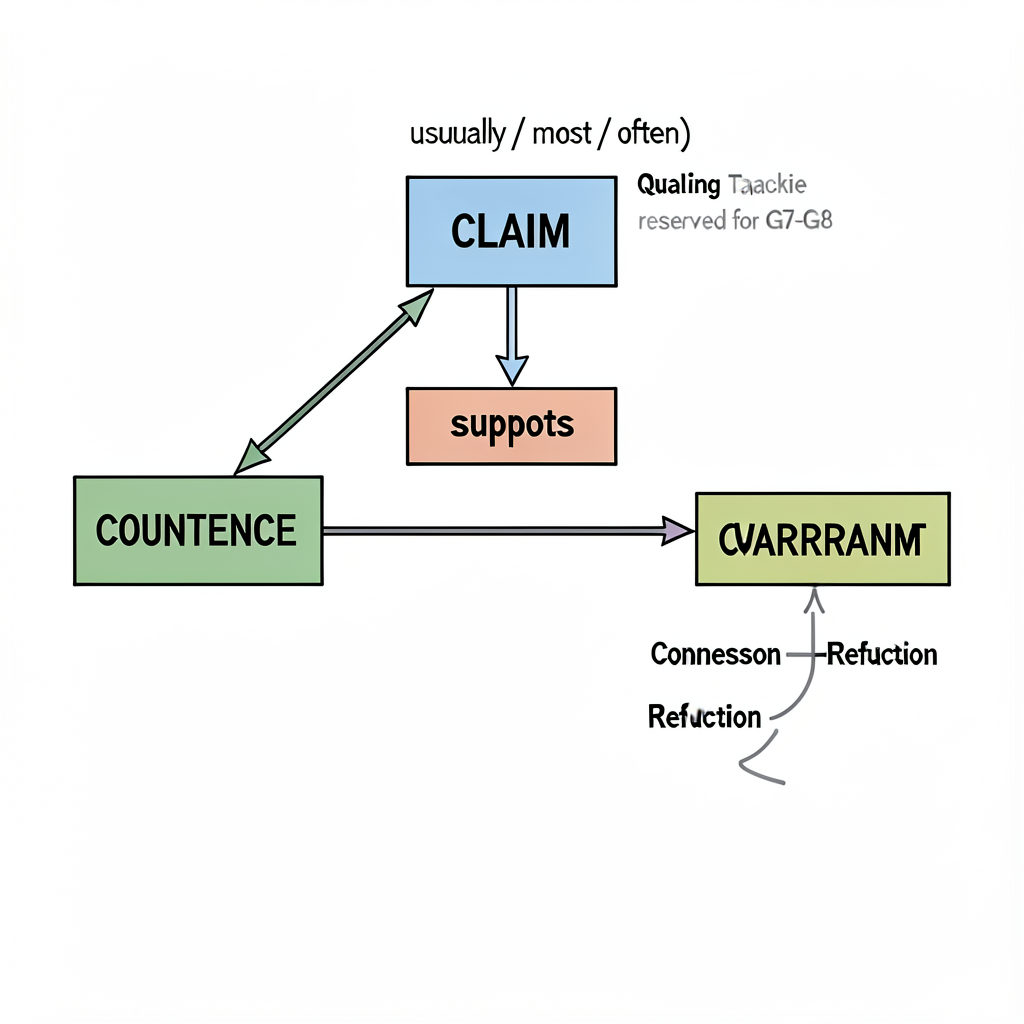 Toulmin Lite argument-model diagram: a flowchart showing CLAIM at top, EVIDENCE below connected by arrow labeled 'suppor