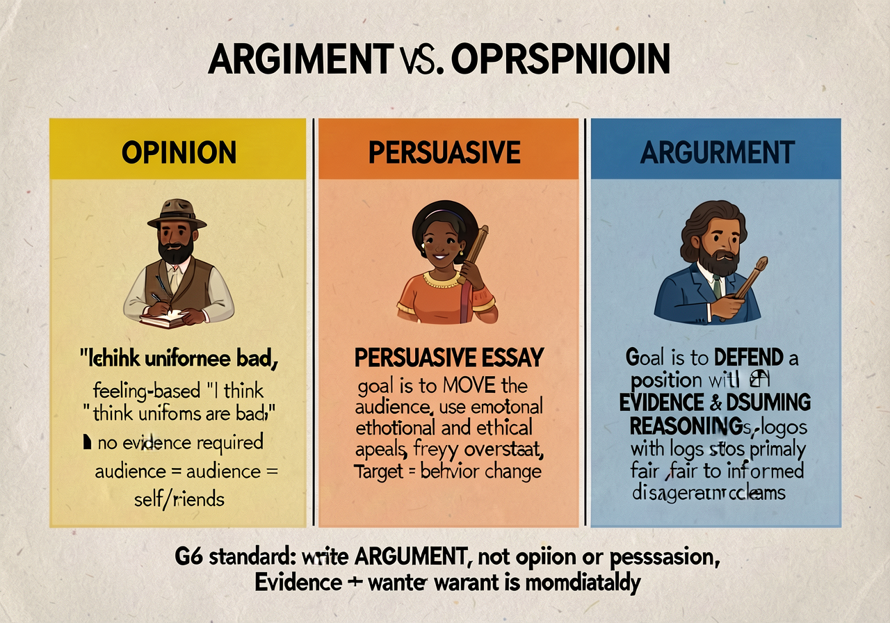 Argument vs. opinion vs. persuasive anchor: 3-column comparison chart. OPINION (yellow): feeling-based ('I think uniform