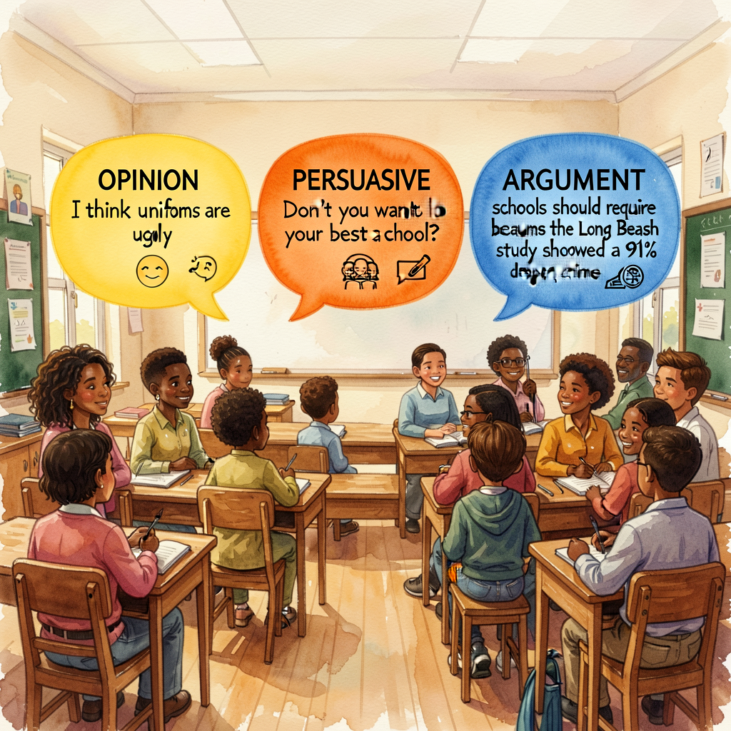 Three speech bubbles in a row: bubble 1 (yellow, OPINION) with 'I think uniforms are ugly' and a feeling-face icon; bubb