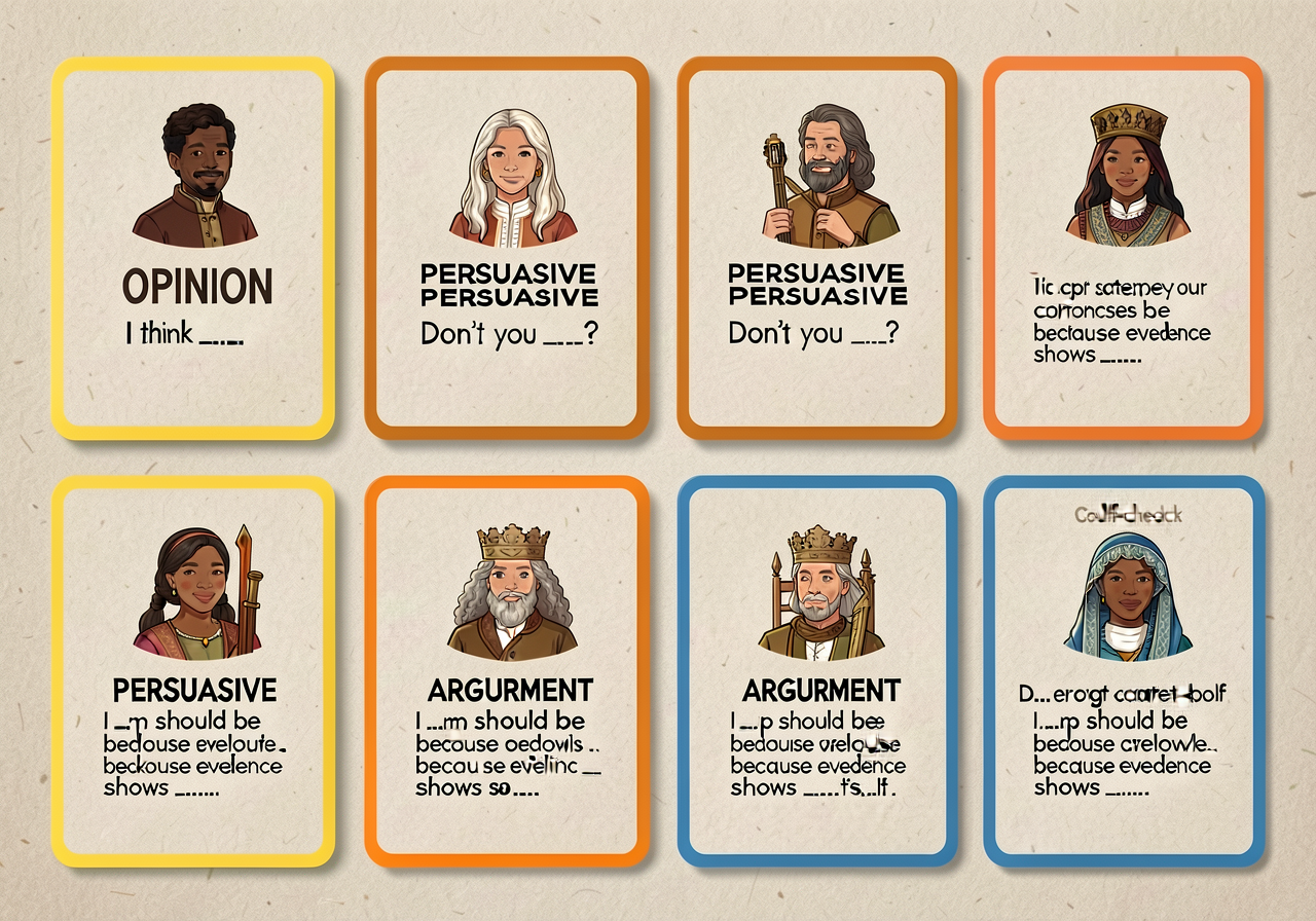Print-ready 6-card set with 2 statements per category (e.g., OPINION: 'I think ___'; PERSUASIVE: 'Don't you ___?'; ARGUM