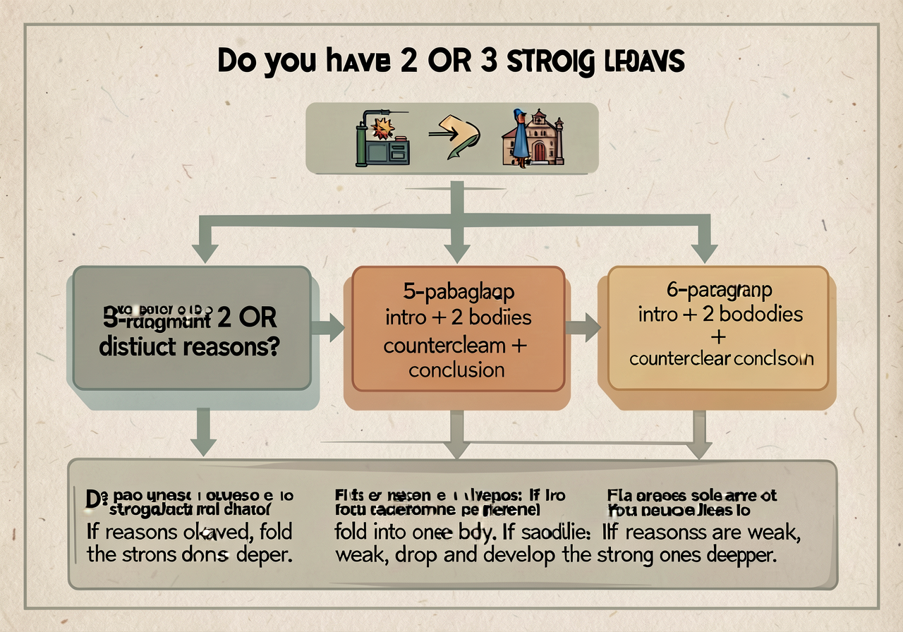 A flowchart-style decision card: 'Do you have 2 OR 3 strong distinct reasons?' If 2 → 5-paragraph (intro + 2 bodies + co