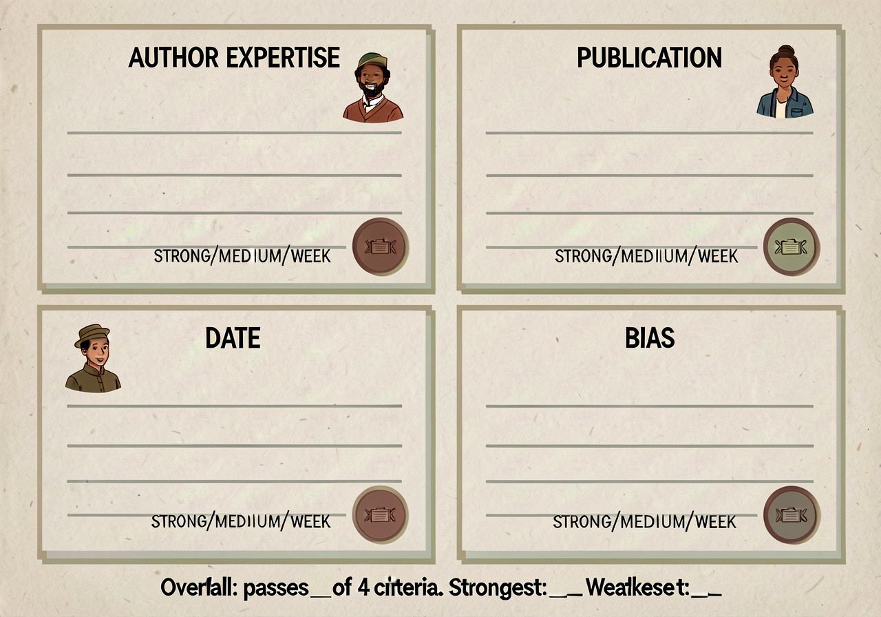 Print-ready 8.5x11 card per source with 4 quadrants: top-left AUTHOR EXPERTISE, top-right PUBLICATION, bottom-left DATE,