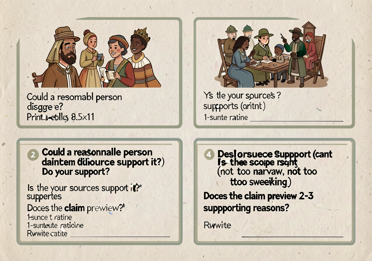 Print-ready 8.5x11 card per student with 4 boxed yes/no questions: 'Could a reasonable person disagree?' 'Do your source