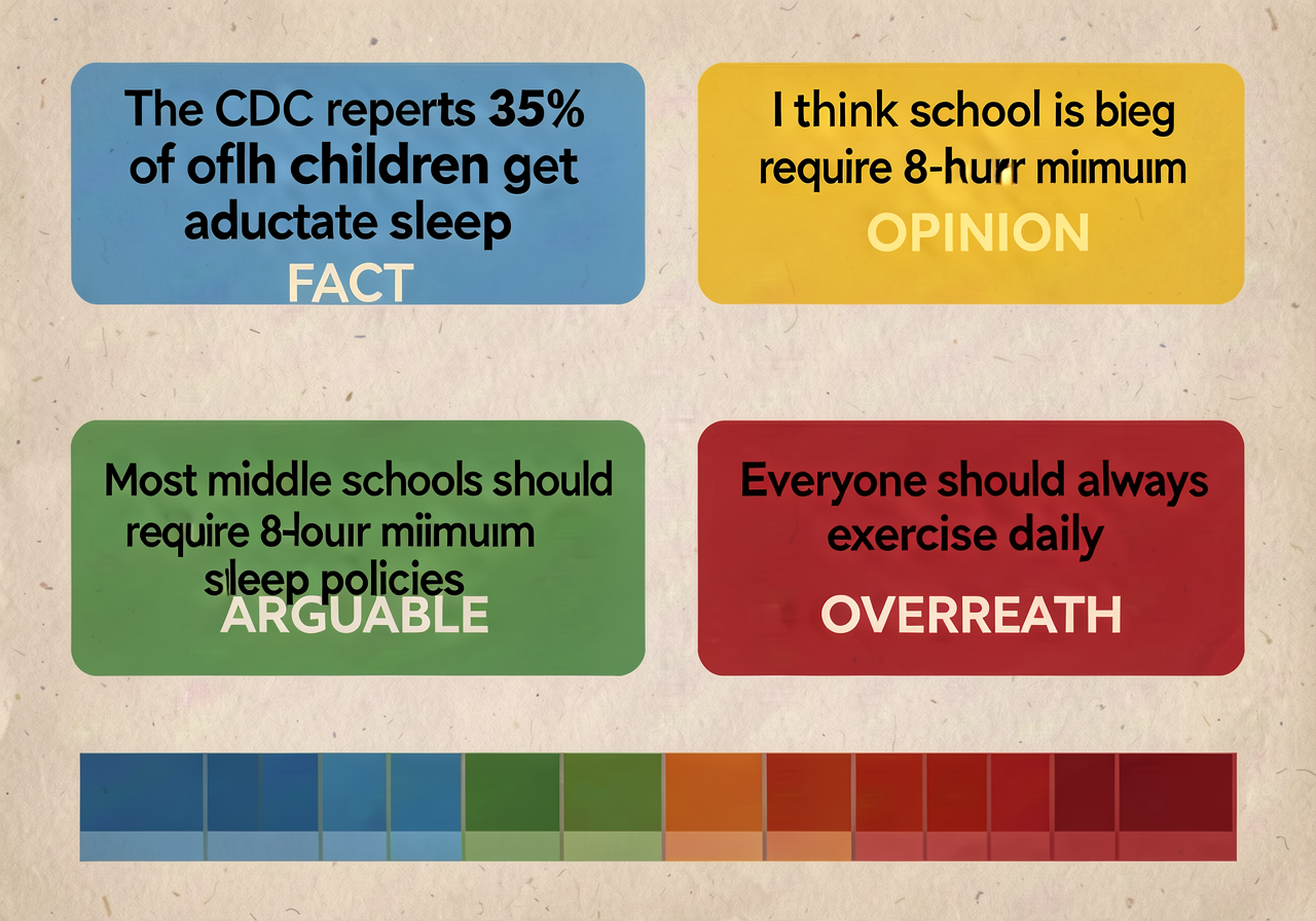 Large display chart with 4 statements: 'The CDC reports 35% of children get adequate sleep' (FACT, blue), 'I think schoo