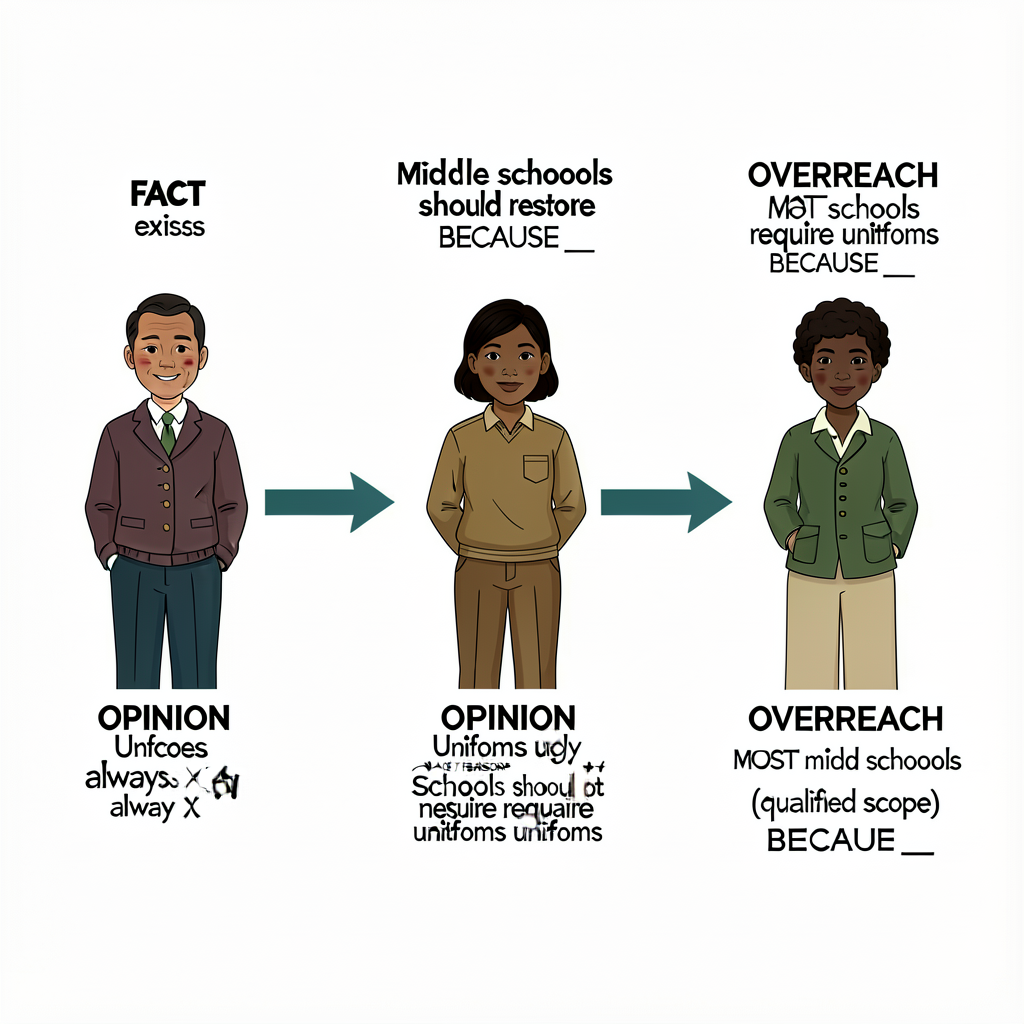 Three side-by-side flows: FACT 'Recess exists' → arrow → 'Middle schools should restore recess BECAUSE ___'. OPINION 'Un