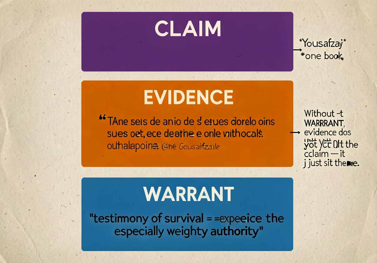 MG-3 enlarged to 18x24 with the Yousafzai 'one teacher, one book' example fully worked: CLAIM (purple) at top, EVIDENCE 
