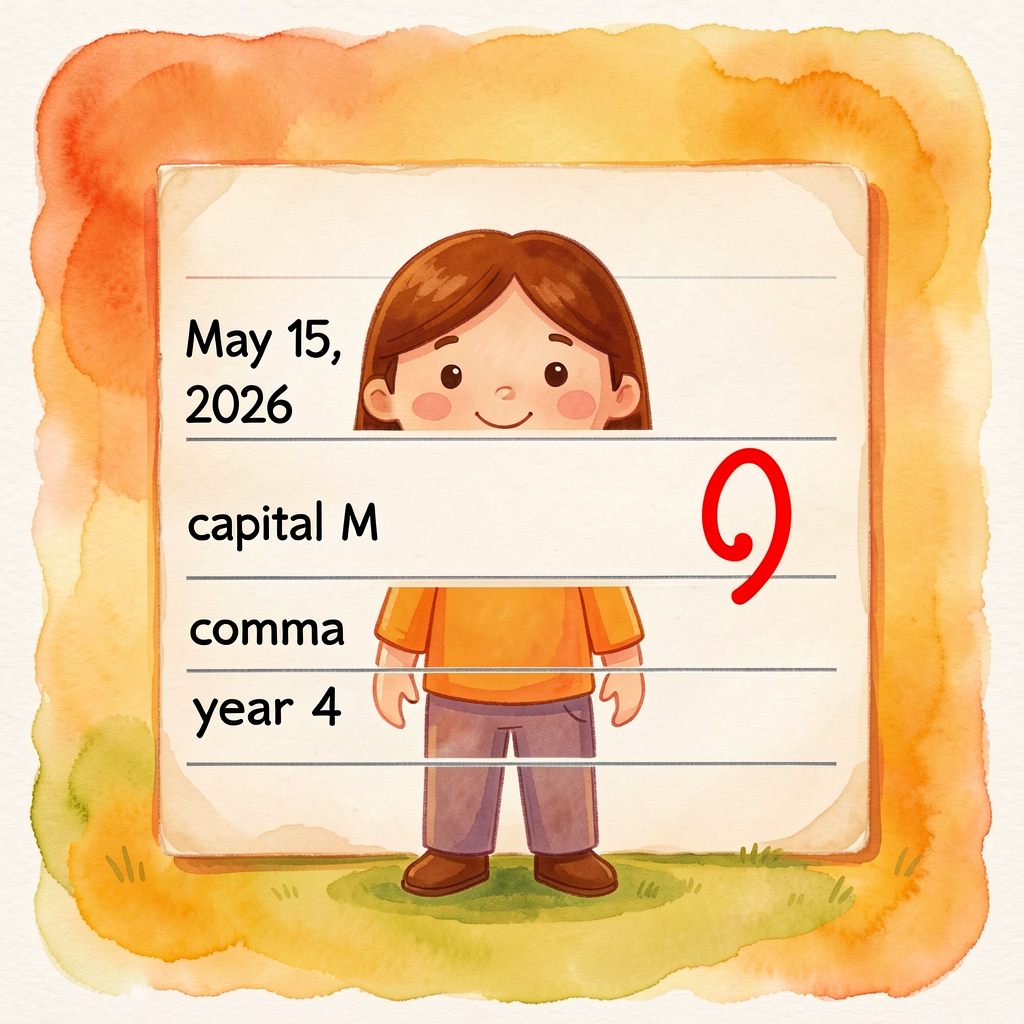 Reference image: 'May 15, 2026' written clearly on three-line paper with the comma circled in red for self-check. Includ
