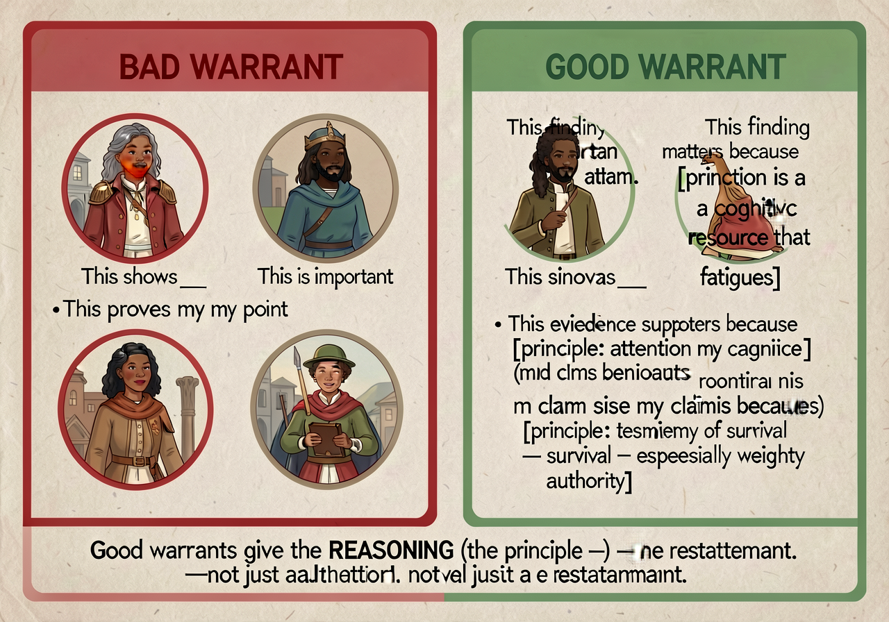 Side-by-side card: LEFT (red border) BAD WARRANT examples — 'This shows ___' / 'This is important' / 'This proves my poi