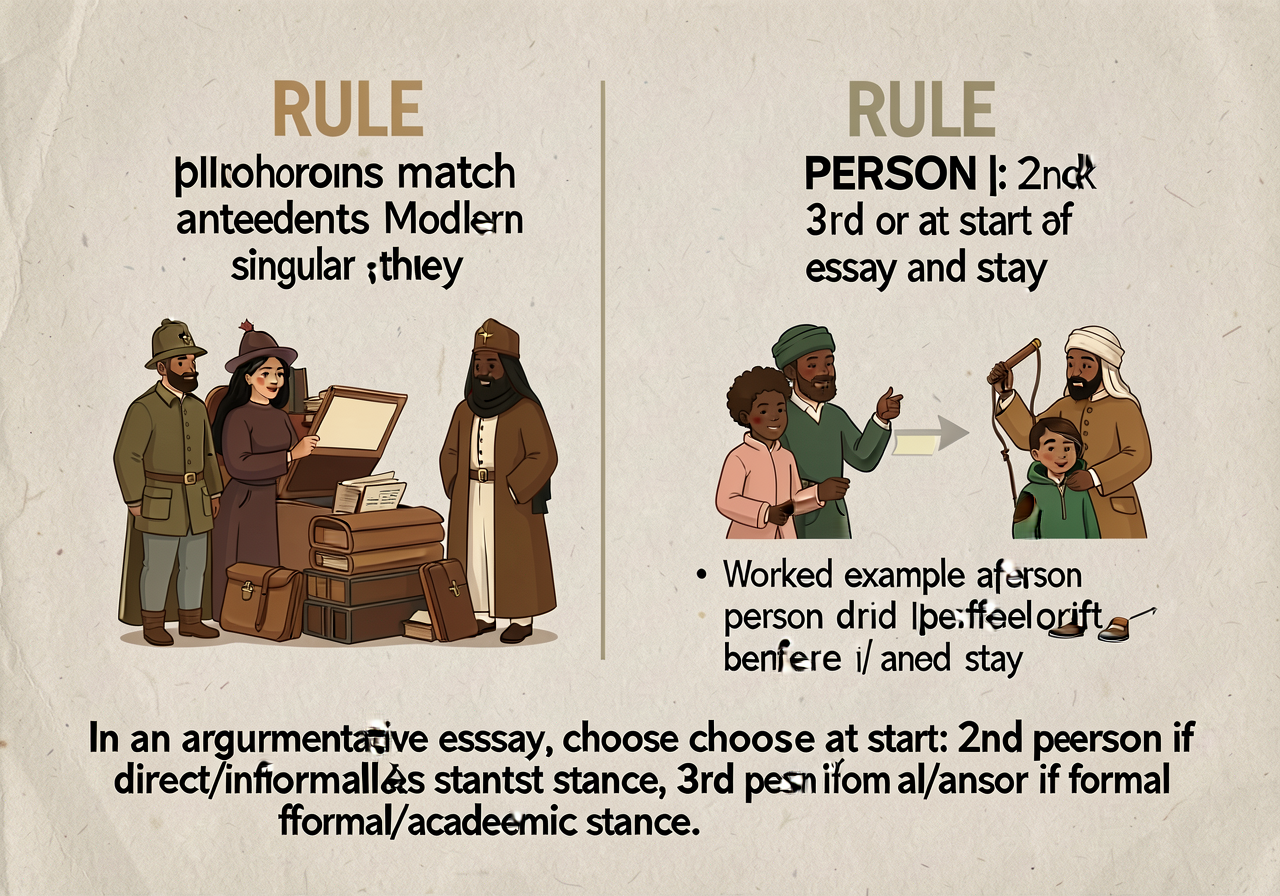 MG-9 enlarged to 18x24. Two rules side-by-side. RULE 1 (NUMBER): pronouns match antecedents; modern accepts singular the