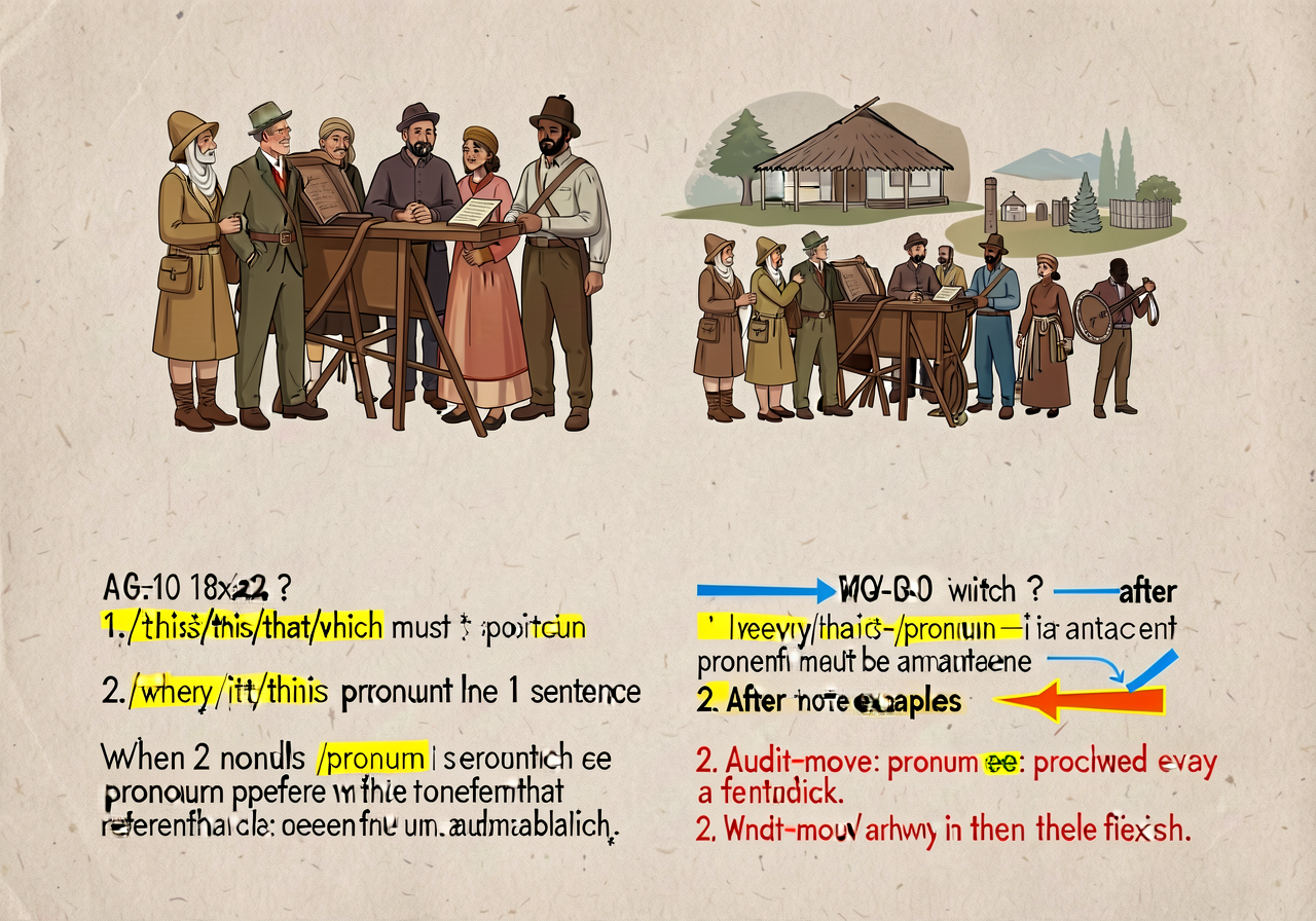 MG-10 enlarged to 18x24. Two rules: (1) every it/this/that/which must point to specific noun within 1 sentence; (2) when