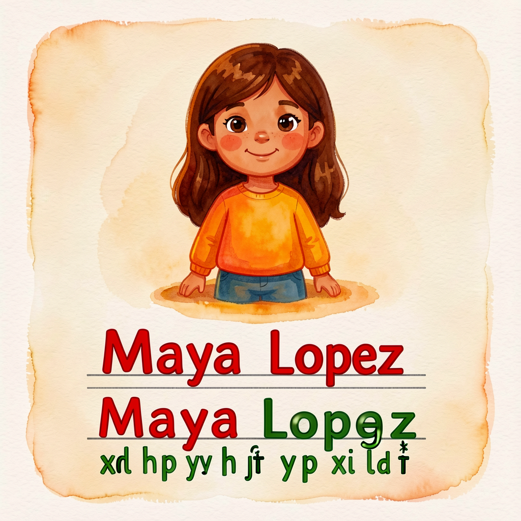 Two reference names on three-line paper showing correct sizing — 'Maya Lopez' with the capital M and L drawn red, ascend