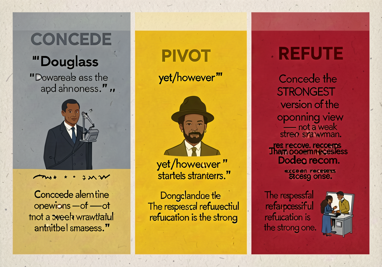 MG-4 enlarged to 18x24. 3-band card: CONCEDE (gray) with Douglass quote; PIVOT (yellow) with 'yet/however' starters; REF