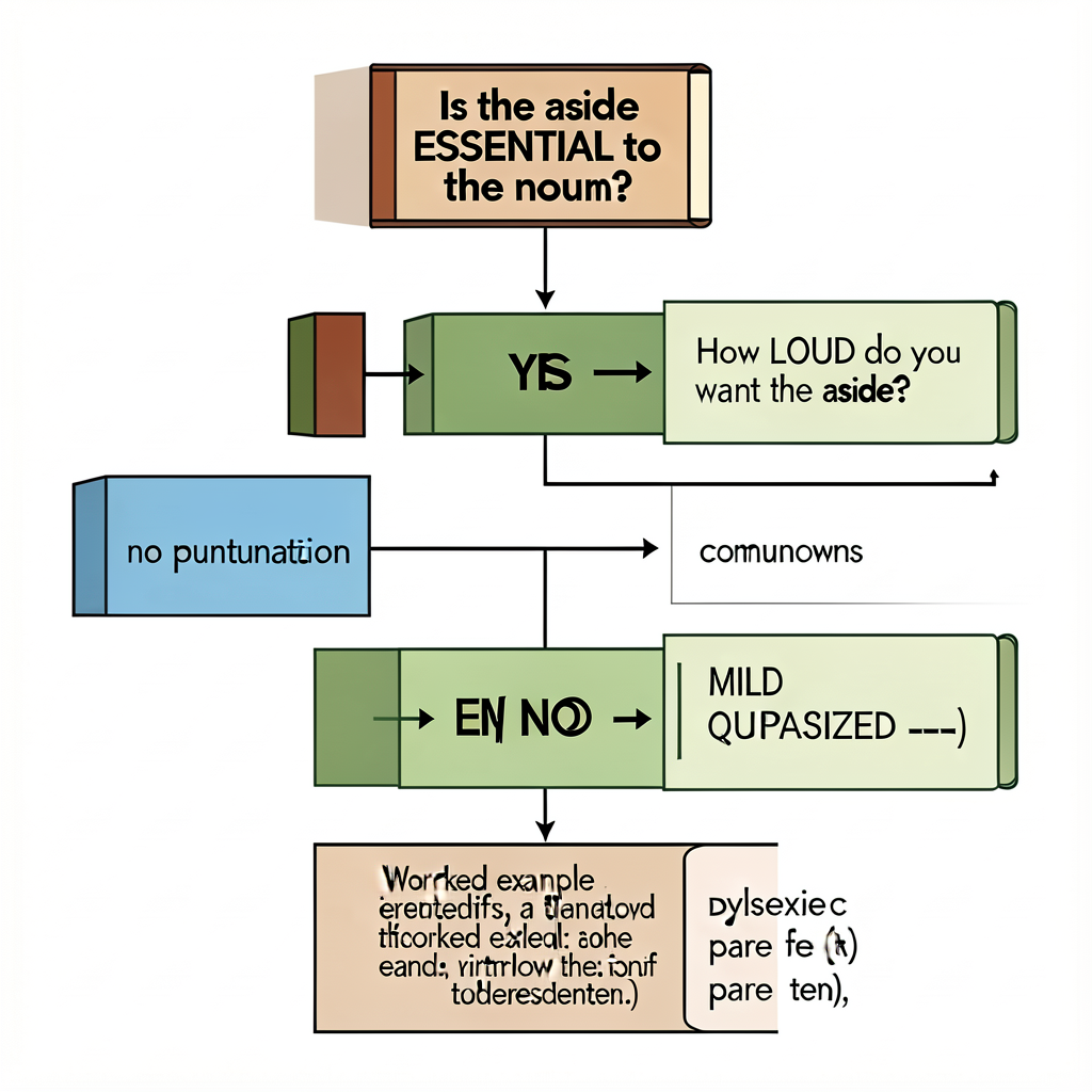 Print-ready 8.5x11 flowchart. Start: 'Is the aside ESSENTIAL to identify the noun?' If YES → no punctuation (restrictive