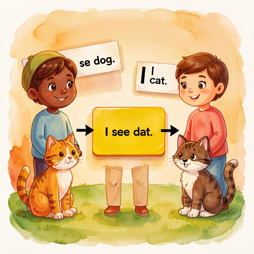 Two paper sentence-strips visible: 'I see a dog.' and 'I see a cat.' The yellow AND card sits between them with arrows s