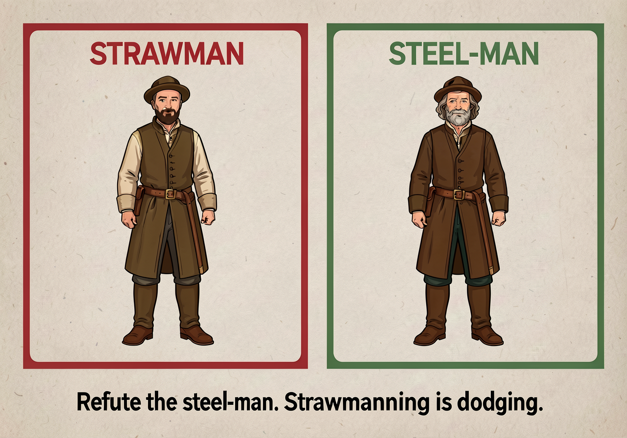 Print-ready 11x17 side-by-side card. LEFT (red border): STRAWMAN — weak version of opposing view, easy to dismiss. With 