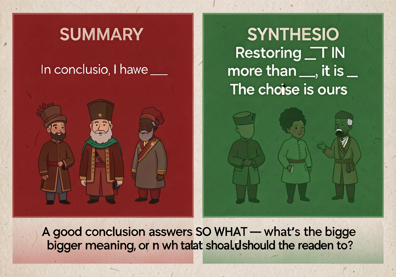 Print-ready 8.5x11 side-by-side card. LEFT (red): SUMMARY — 'In conclusion, I have shown ___' — restates without adding.
