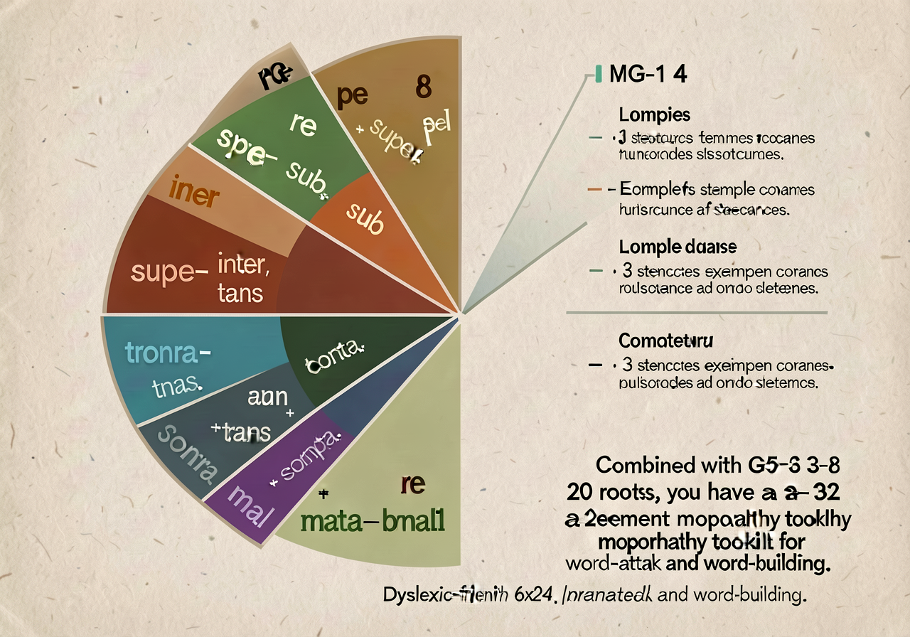 MG-14 enlarged to 18x24 with all 8 affixes (pre-, re-, sub-, super-, inter-, trans-, contra-, mal-) now highlighted in c