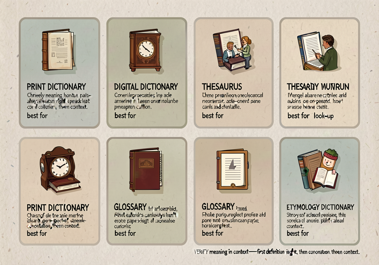 MG-16 enlarged to 18x24. 5-card grid: PRINT DICTIONARY, DIGITAL DICTIONARY, THESAURUS, GLOSSARY, ETYMOLOGY DICTIONARY. E