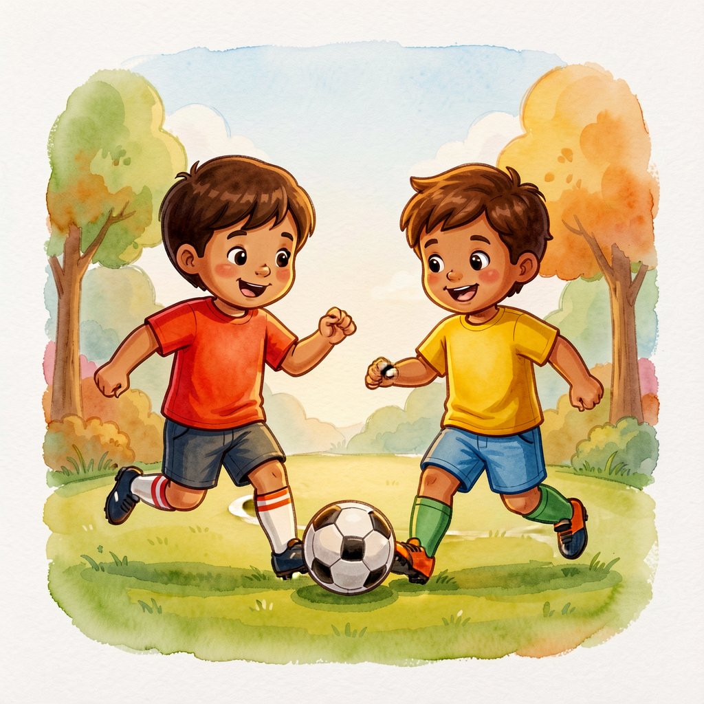 Photo prompt: two children playing soccer together — for content inspiration. No text overlay; child generates their own