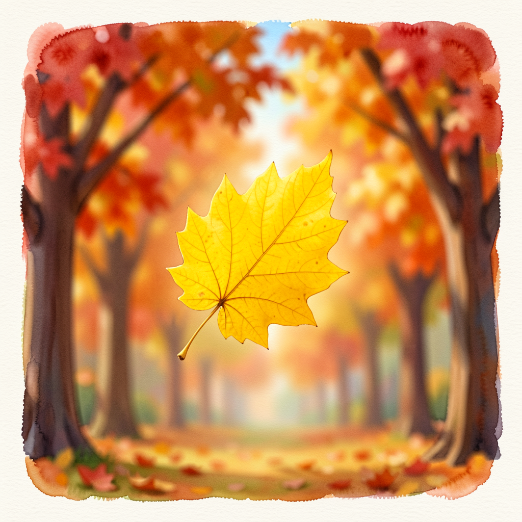 Photo of a single yellow leaf mid-air falling against blurred autumn-tree backdrop — context for DRIFT word use.