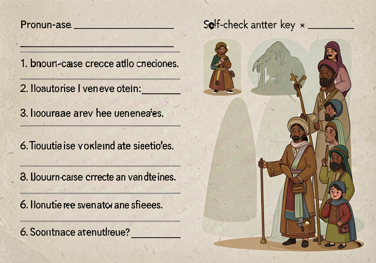 Pronoun-case correction worksheet with 6 sentences. Above each: blank space for correction. Self-check answer key on rev