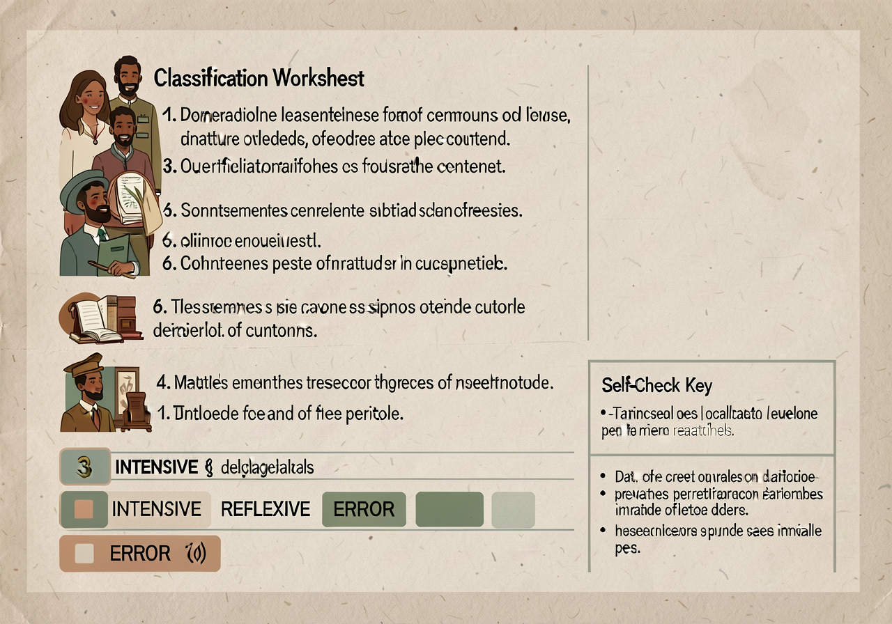 Classification worksheet with 6 sentences and 3-option labels (INTENSIVE / REFLEXIVE / ERROR). Self-check key on reverse