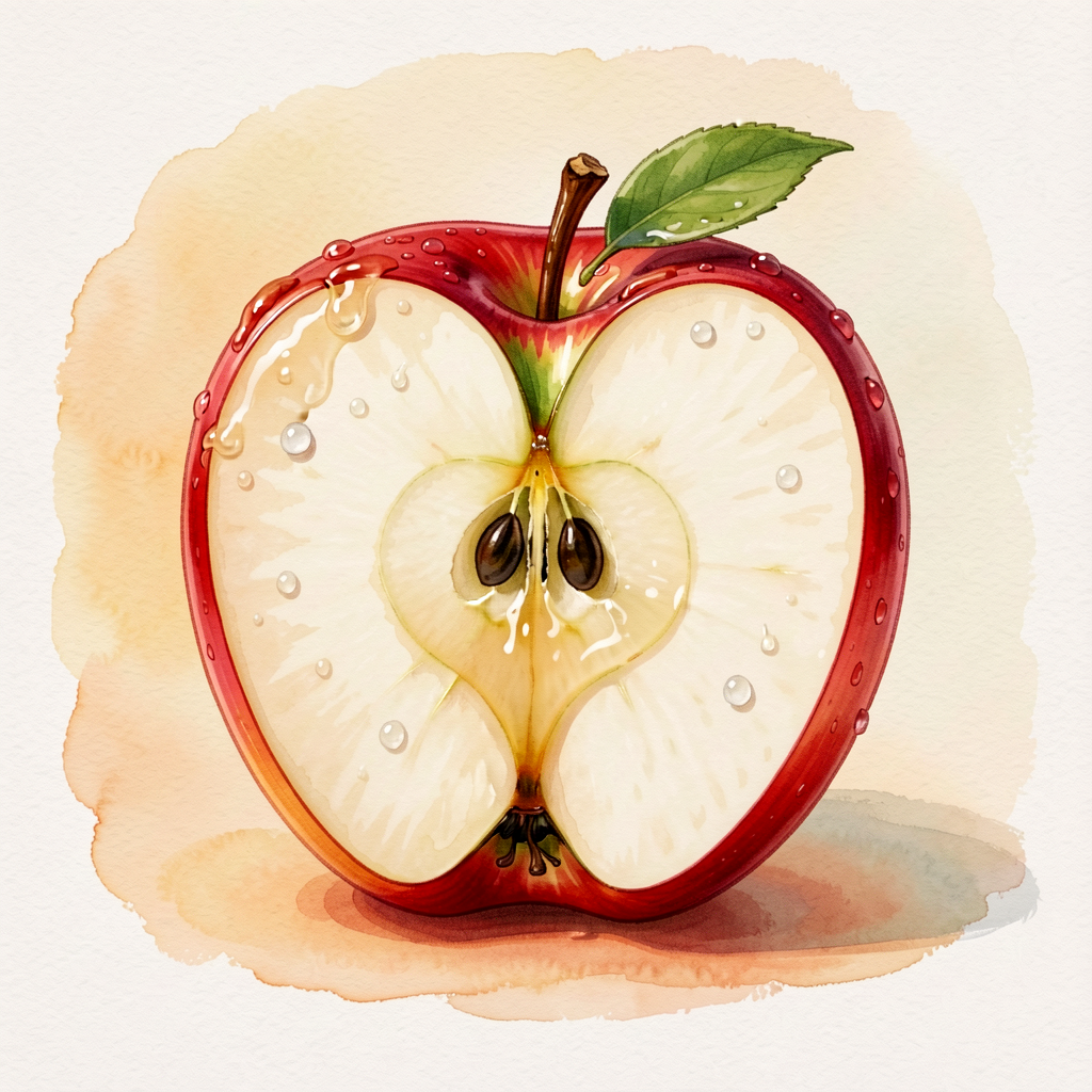 Close-up photo of a halved red apple with juice glistening, dew on skin. Print-resolution. Visible details: red gradient