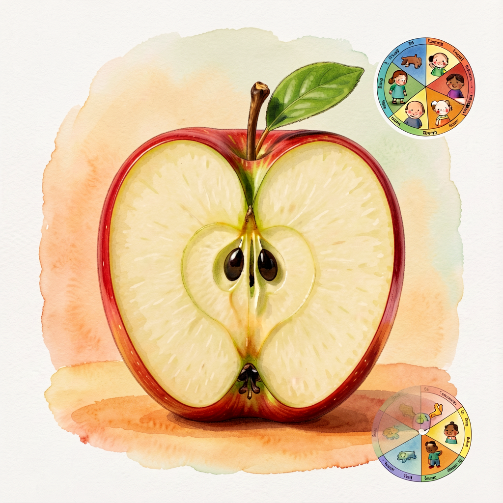 Same close-up photo of the halved apple from ex_08, providing visual continuity. Print-resolution. Includes a small sens