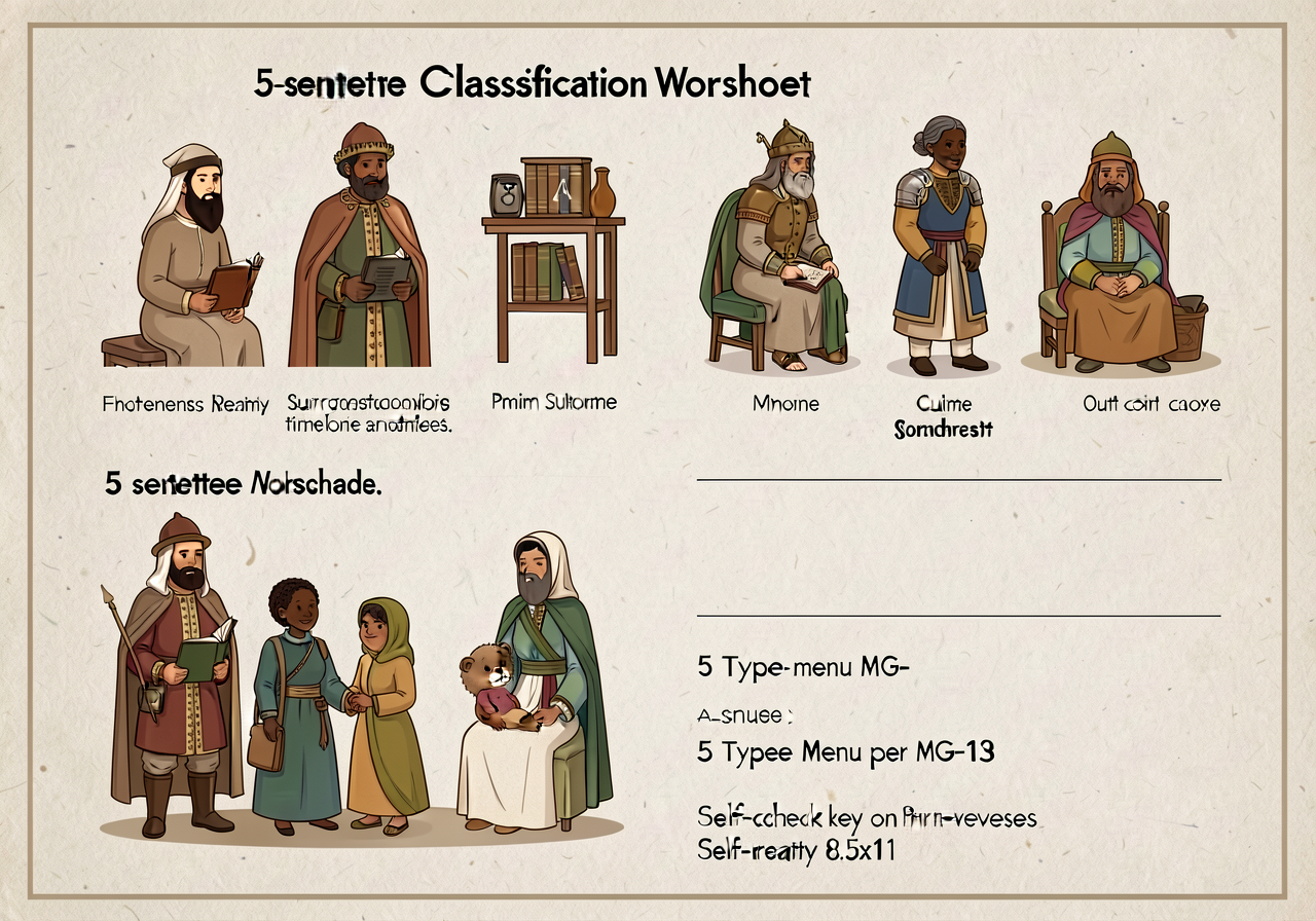 5-sentence classification worksheet. 5-type menu below per MG-13. Self-check key on reverse. Print-ready 8.5x11.