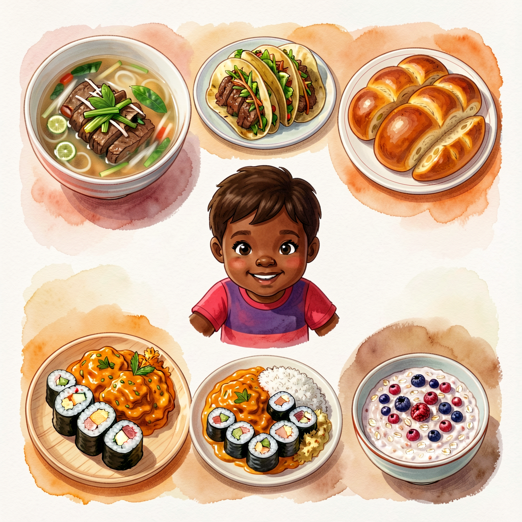 Photo collage of six diverse meals: bowl of pho, tacos al pastor, fresh challah, butter chicken with rice, sushi rolls, 
