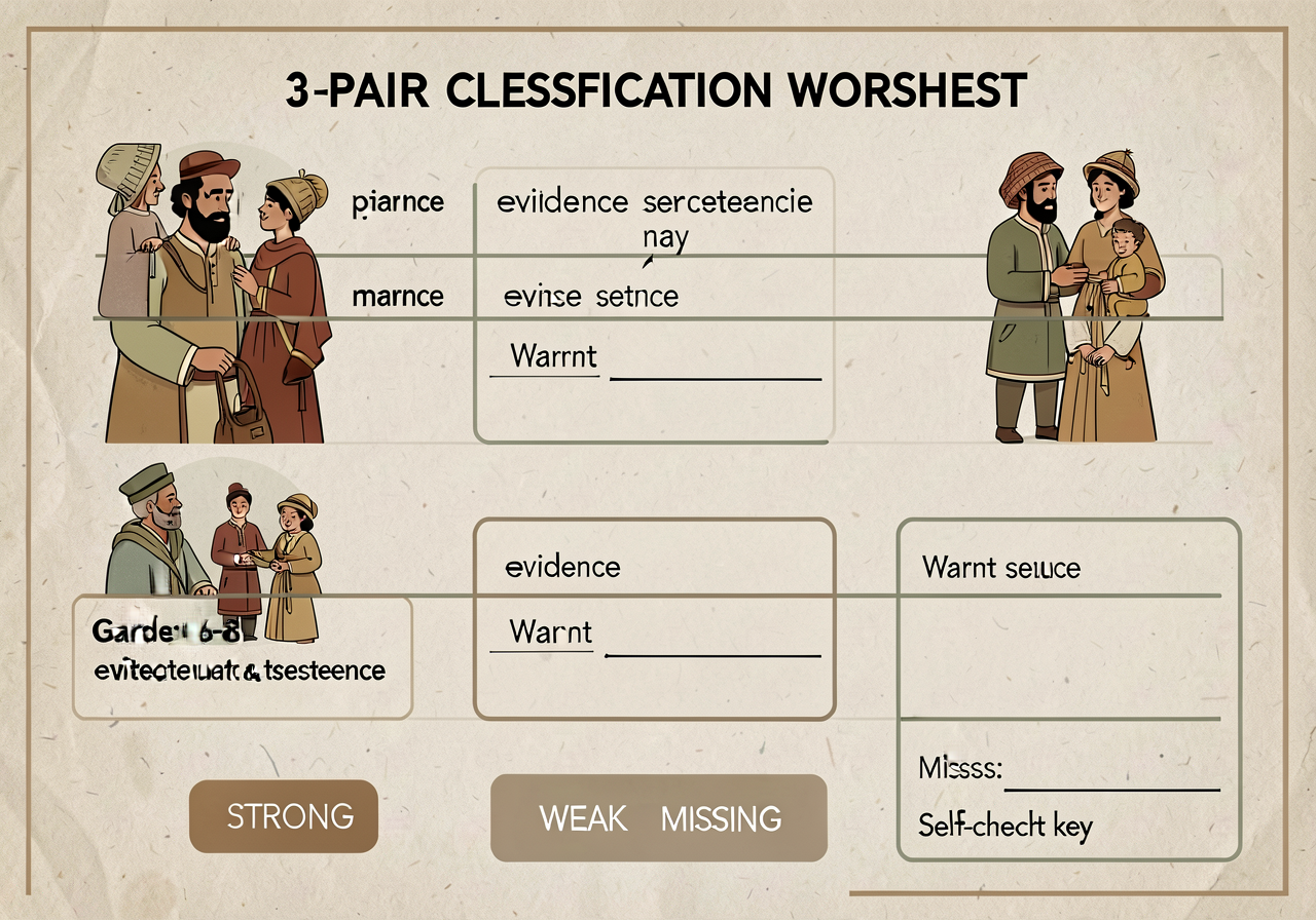 3-pair classification worksheet. Each pair: evidence sentence + warrant sentence. 3 labels (STRONG/WEAK/MISSING). Self-c