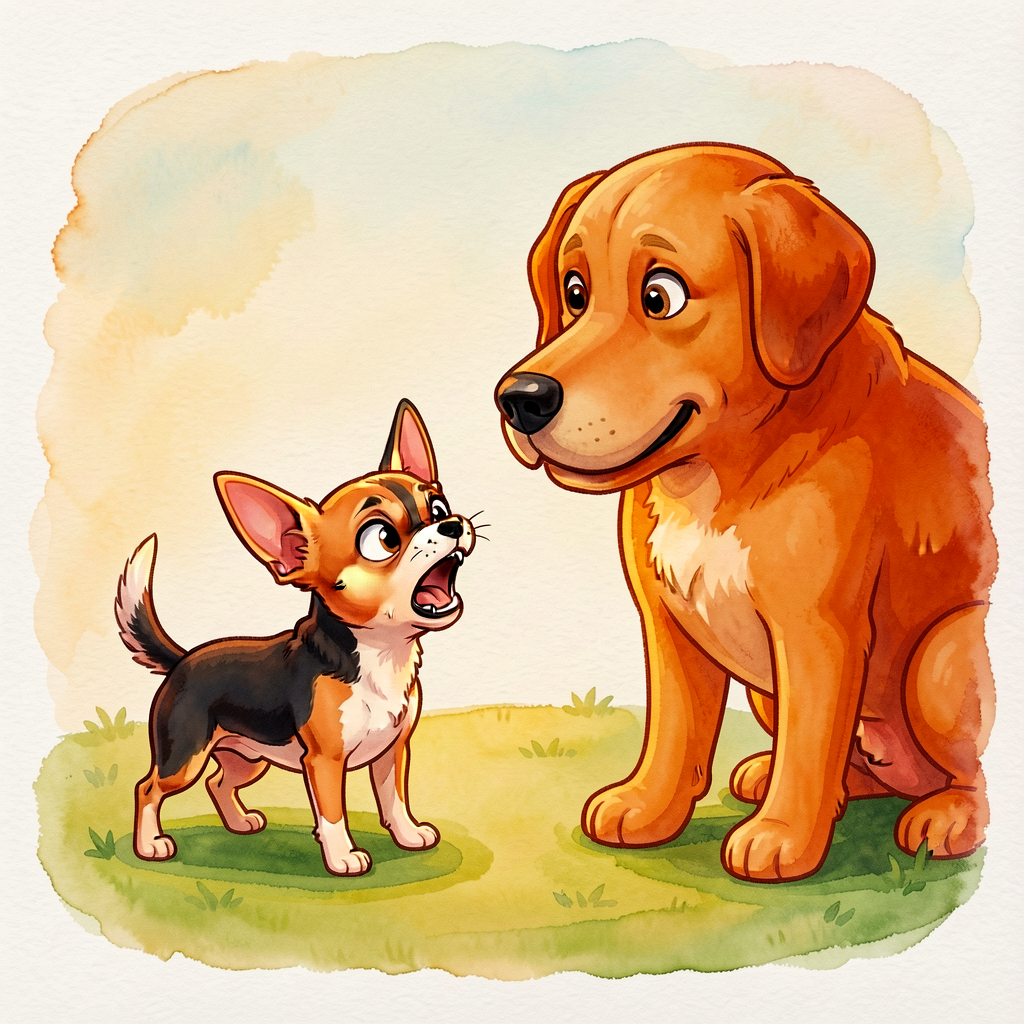 Cartoon illustration of a tiny chihuahua barking fiercely at a much larger dog. Caption-free; the visual contrast (small