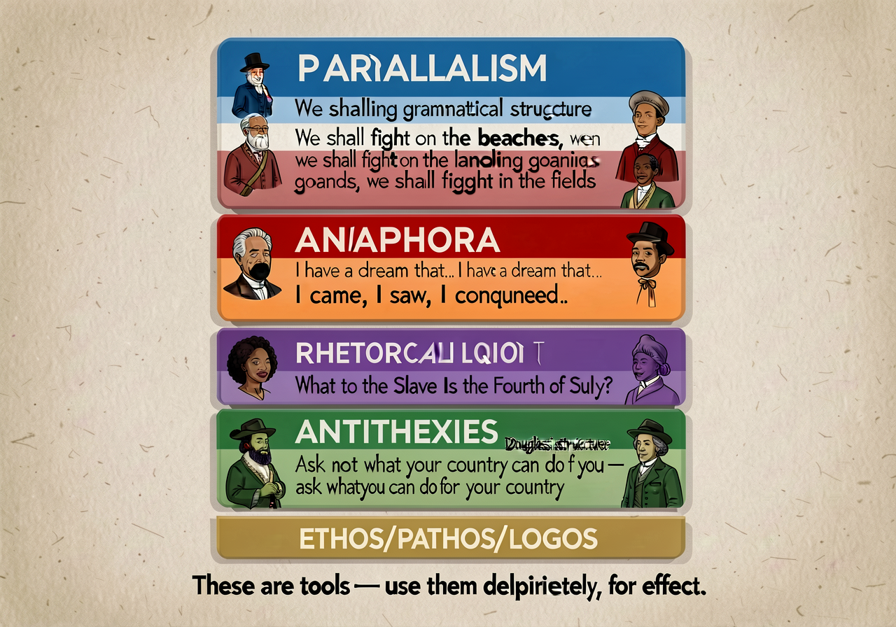 Rhetorical-devices master anchor: 6-band stacked card with each device labeled and color-coded. PARALLELISM (blue) — mat