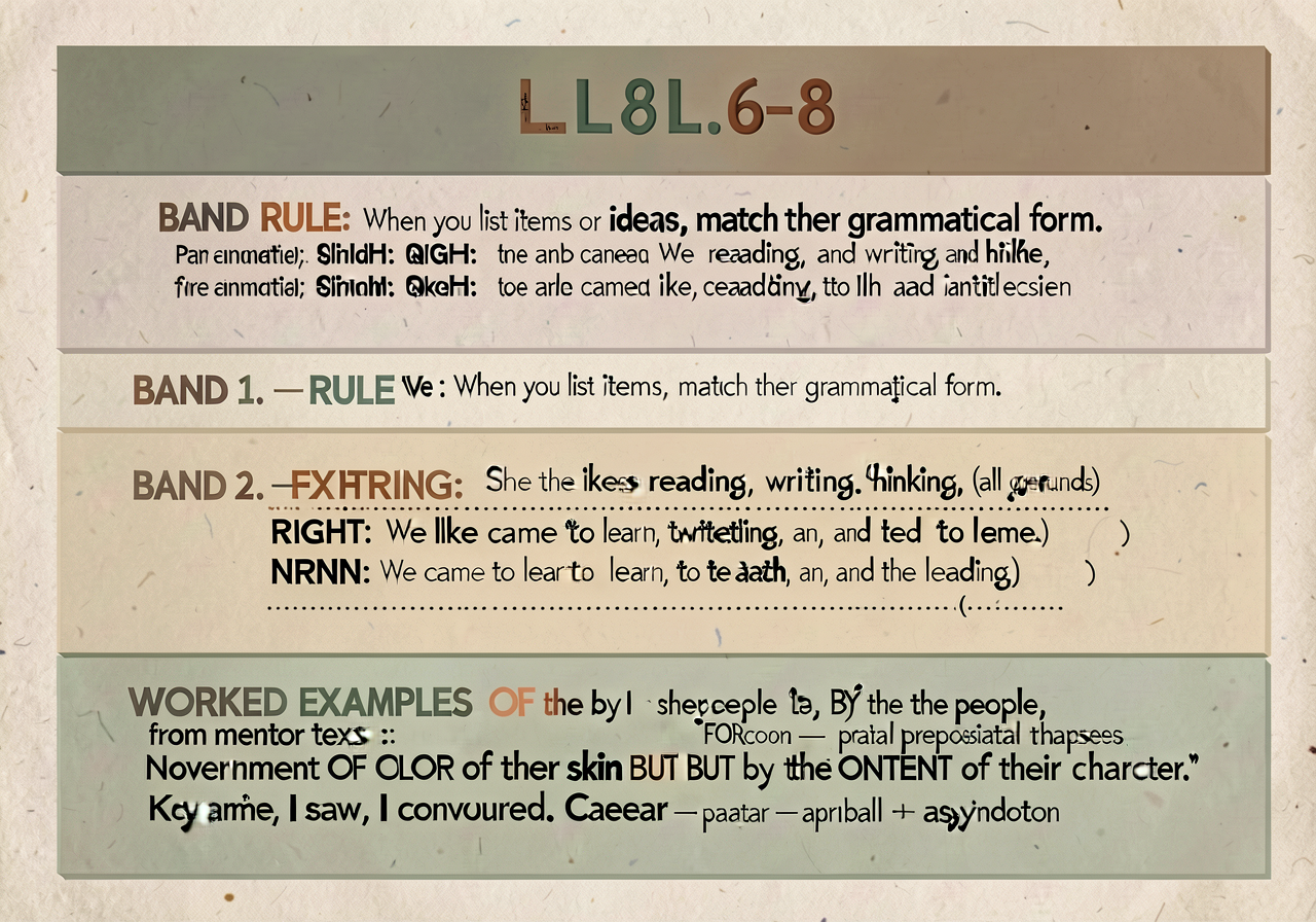 Parallelism anchor (L.6.1.e applied): 3-band card. BAND 1 — RULE: 'When you list items or ideas, match their grammatical
