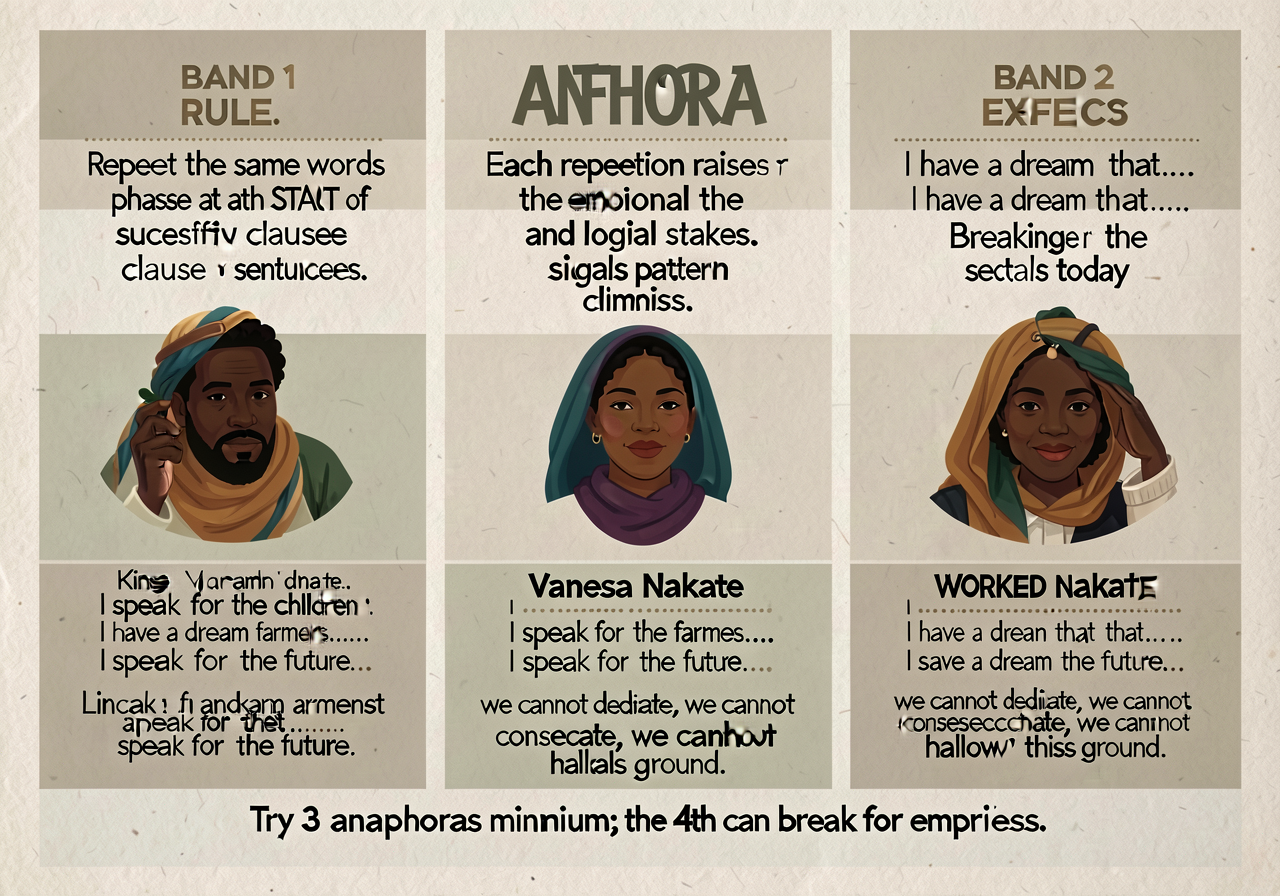 Anaphora anchor: 3-band card. BAND 1 — RULE: 'Repeat the same words or phrase at the START of successive clauses or sent
