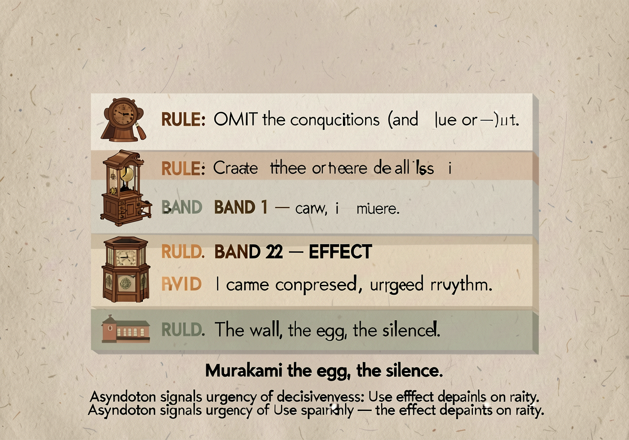 Asyndeton anchor: 3-band card. BAND 1 — RULE: 'OMIT the conjunctions (and/but/or) in a list of three or more items.' BAN
