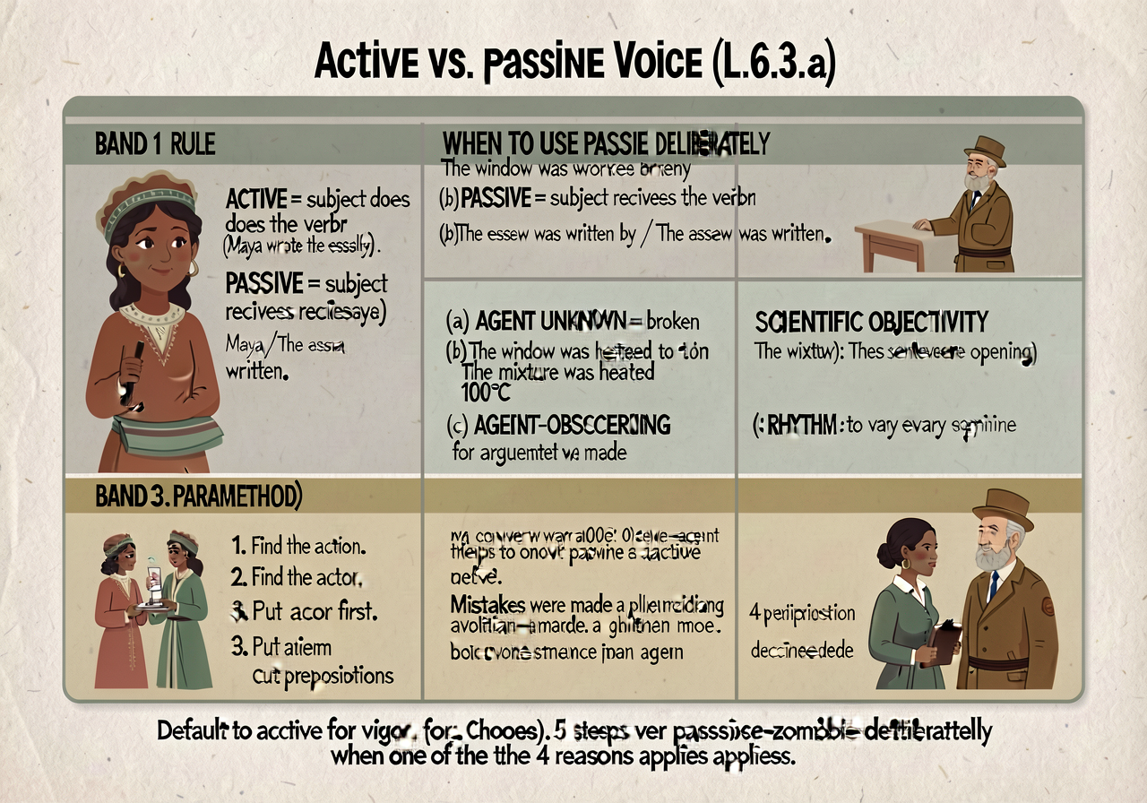 Active vs. passive voice anchor (L.6.3.a): 3-band card. BAND 1 — RULE: 'ACTIVE = subject does the verb (Maya wrote the e