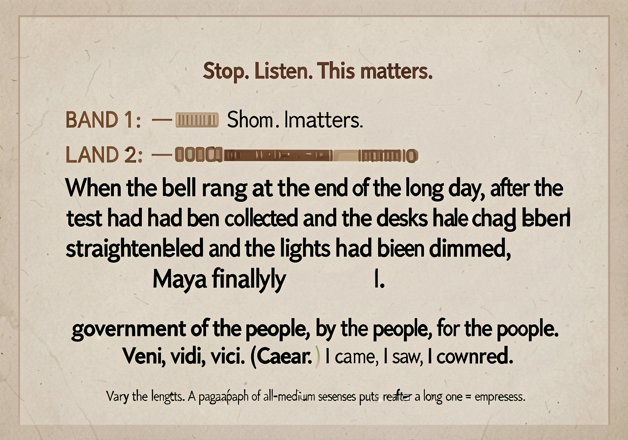 Sentence rhythm anchor: 3-band card. BAND 1 — SHORT for emphasis: 'Stop. Listen. This matters.' (3 short sentences = sto