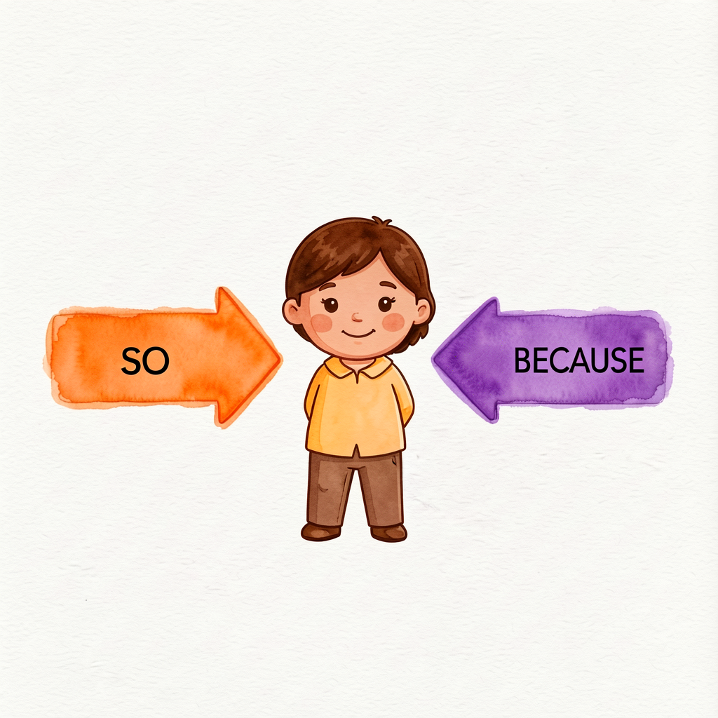 Two-arrow cause-effect diagram. Left arrow: 'tired → nap' with SO label. Right arrow: 'nap ← tired' with BECAUSE label. 