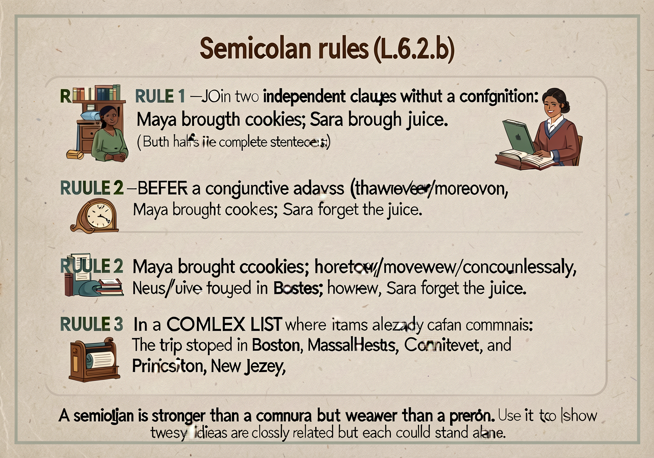 Semicolon rules anchor (L.6.2.b): 3-rule card. RULE 1 — JOIN two independent clauses without a conjunction: 'Maya brough