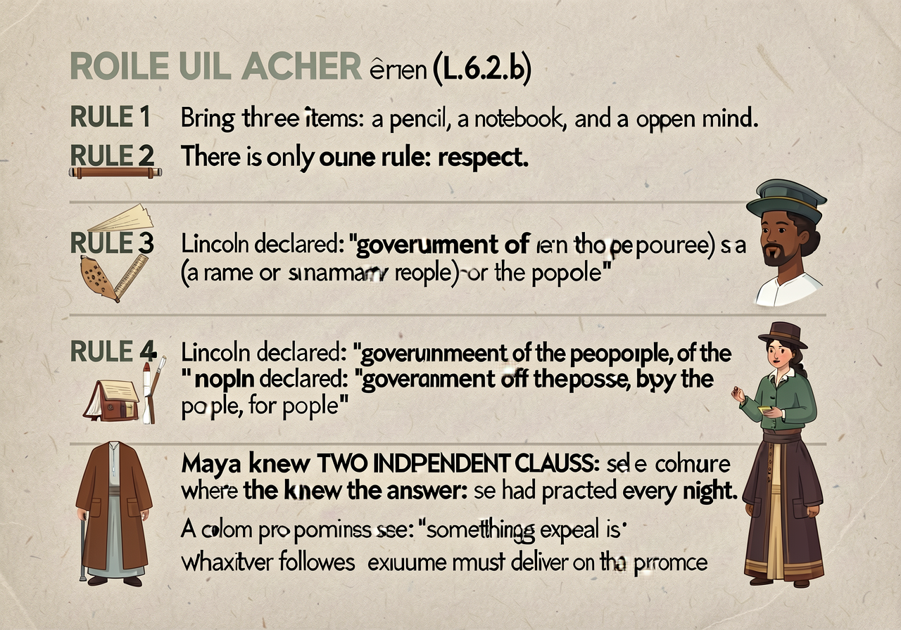 Colon rules anchor (L.6.2.b): 4-rule card. RULE 1 — Introduce a LIST: 'Bring three items: a pencil, a notebook, and an o