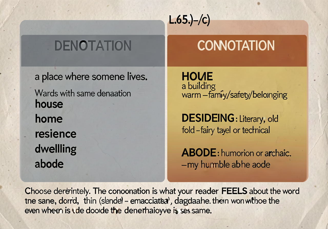 Denotation vs. connotation anchor (L.6.5.b/c): 2-column card. DENOTATION (left, gray) = DICTIONARY meaning: 'a place whe