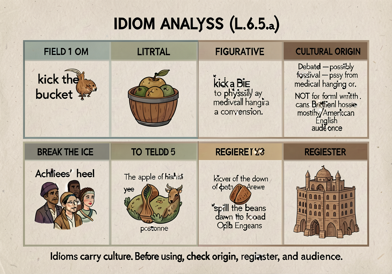 Idiom-analysis anchor (L.6.5.a): 4-field card. FIELD 1 — IDIOM phrase ('kick the bucket'). FIELD 2 — LITERAL meaning ('t
