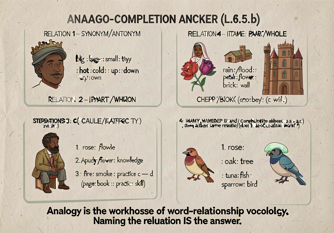 Analogy-completion anchor (L.6.5.b): 4-relation card. RELATION 1 — SYNONYM/ANTONYM: 'big:large::small:tiny' (synonym); '