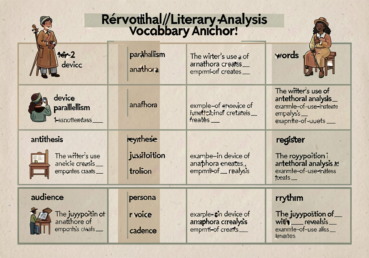 Tier-2 Set 14 rhetorical/literary-analysis vocabulary anchor: 15-word grid. WORDS: rhetoric, device, parallelism, anapho
